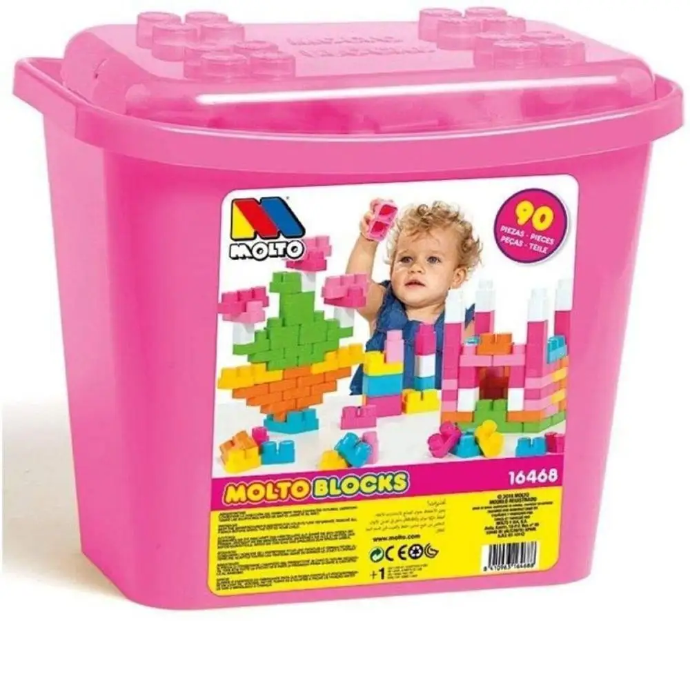 MOLTO blocks, pink container with 90 blocks, large plastic cube, building blocks, blocks, toys girls afbeelding