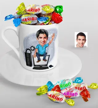 

Personalized Mr Computer Engineer Caricature Of Turkish Coffee cup And Haribo Candy Gift set