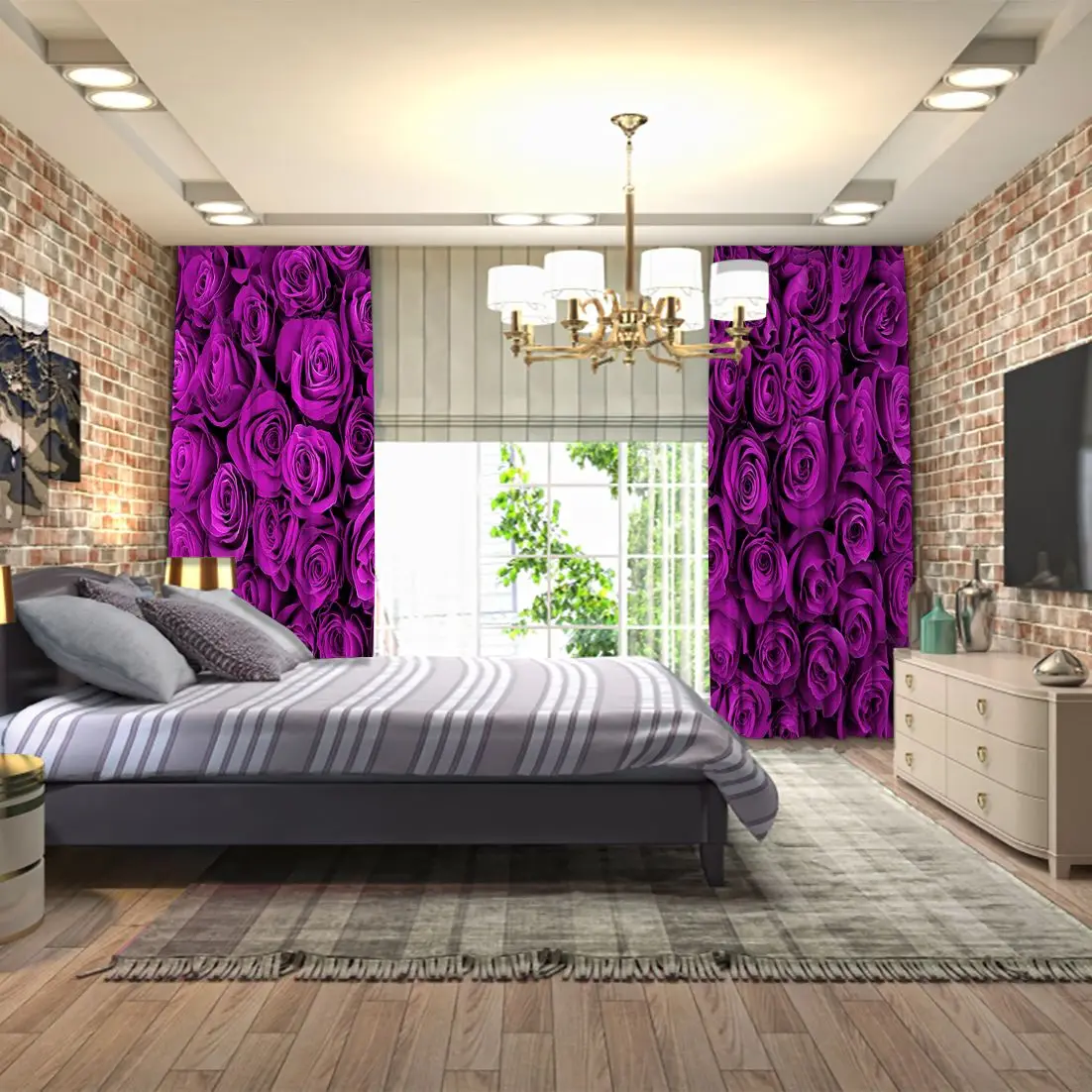 Fresh Purple Roses Bouquet Flower Market Romantic Celebration Classic Decorative Photo Printed Curtain