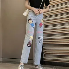 Джинсы для женщин, деним, высокая талия, женские джинсы для мам, длина по щиколотку, рисунок с героями мультфильмов, штаны размера плюс, ropa mujer, прямые, корейский стиль
