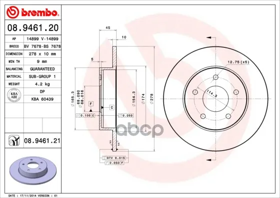 Диск Тормозной Задн Nissan: Almera Tino 00-, Primera 02-, Primera Hatchback 02-, Primera Универсал 02- Brembo арт. 08.9461.20