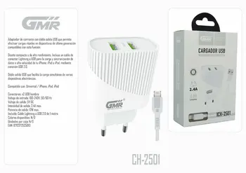 

Dual USB charger 5V 2.4A 12W fast charging 100V / 240V Lightning Cable 100cm