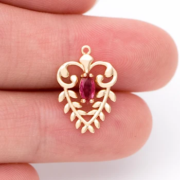 

10pcs CZ paved Heart Charms 17x12mm, Gold Plated Brass Heart Pendants, Pink Red (GB-1239-2)