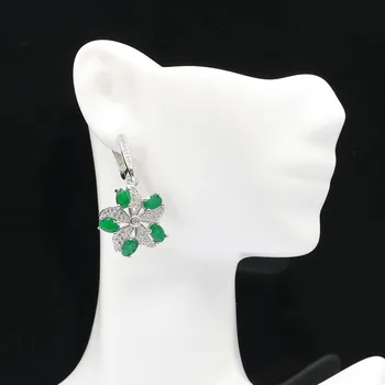 

37x20mm Highly Recommend Flowers Real Green Emerald Bright Zircon For Woman's Silver Earrings