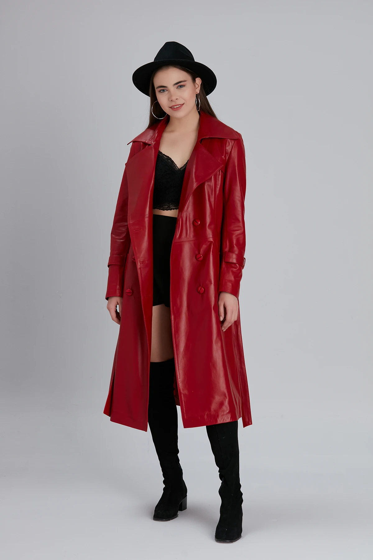 

Genuine Women's Sexy Red Trench Coat,Real Lambskin,Button Belted,Pockets,Long Sleeve,Double Breasted Jacket Elegant Outwear