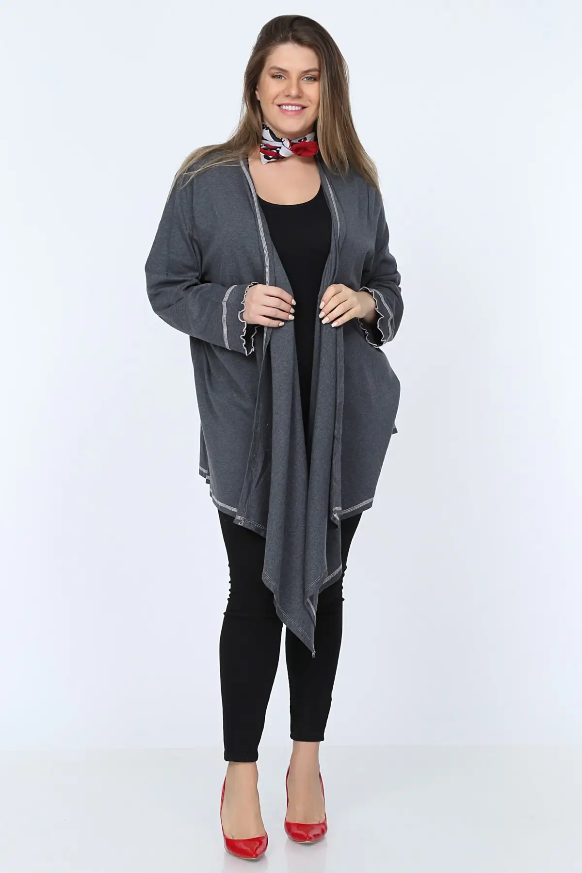 

Big Free Women Anthracite Front Asymmetrical Cutout Cardigan TB20KB262377