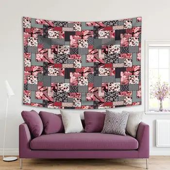 

Tapestry Patchwork Pattern Floral Ornaments Stylized Flowers Leaves Dots Plants Classic Style Art Red Grey