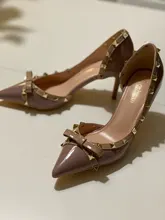 Zapatos de tacón alto con remaches y nudo de mariposa para mujer, tacones finos, stiletto, para boda, Otoño, 2020