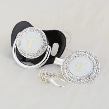 

MIYOCAR name Initial silver bling letter T elegant silver bling pacifier and pacifier clip BPA free dummy bling SGS pass LT-1