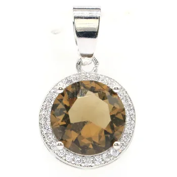 

24x14mm Lovely Round Created Smokey Topaz White Bright Cubic Zircon Daily Wear Girls Silver Pendant