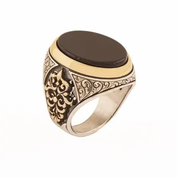 

925 Sterling Onyx Stone Large Rumi Patterned Silver Ring Fashion Turkish Premium Quality Handmade Jawelery