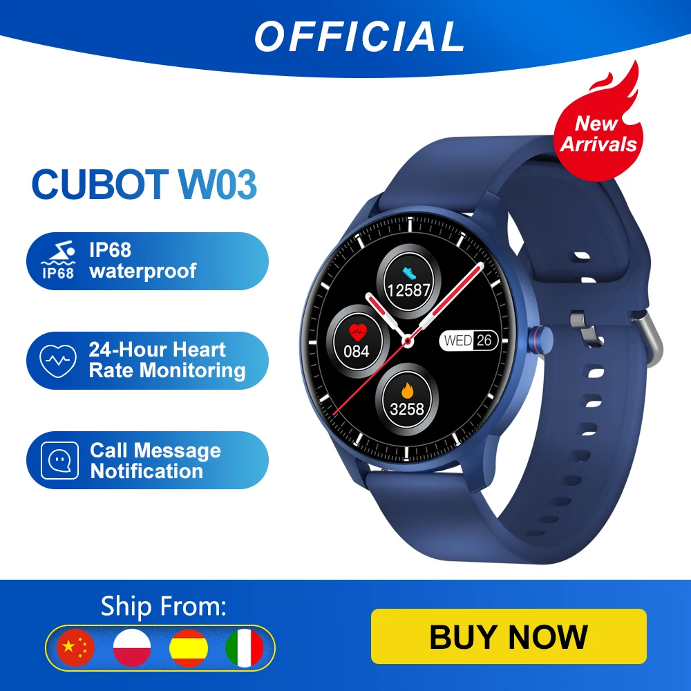 Cubot W03 SmartWatch Calorías deporte Monitor de ritmo cardíaco durante el sueño IP68 táctil resistente al agua reloj deportivo inteligente con rastreador para hombres y mujeres Android IOS Hasta 2 Semanas de Batería