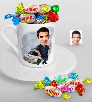 

Personalized Mr Traffic Police Caricature Of Turkish Coffee cup And Haribo Candy Gift Seti-1
