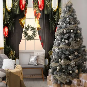 

Merry Christmas Decorating Garland With Baubles Fir Tree Branches And Golden Bells Holiday Artwork Green Yellow Red Curtain