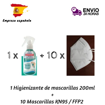 

Higienizante para mascarillas, limpiador desinfectante con alcohol 70% + 10 Mascarillas sin válvula para boca, desde España