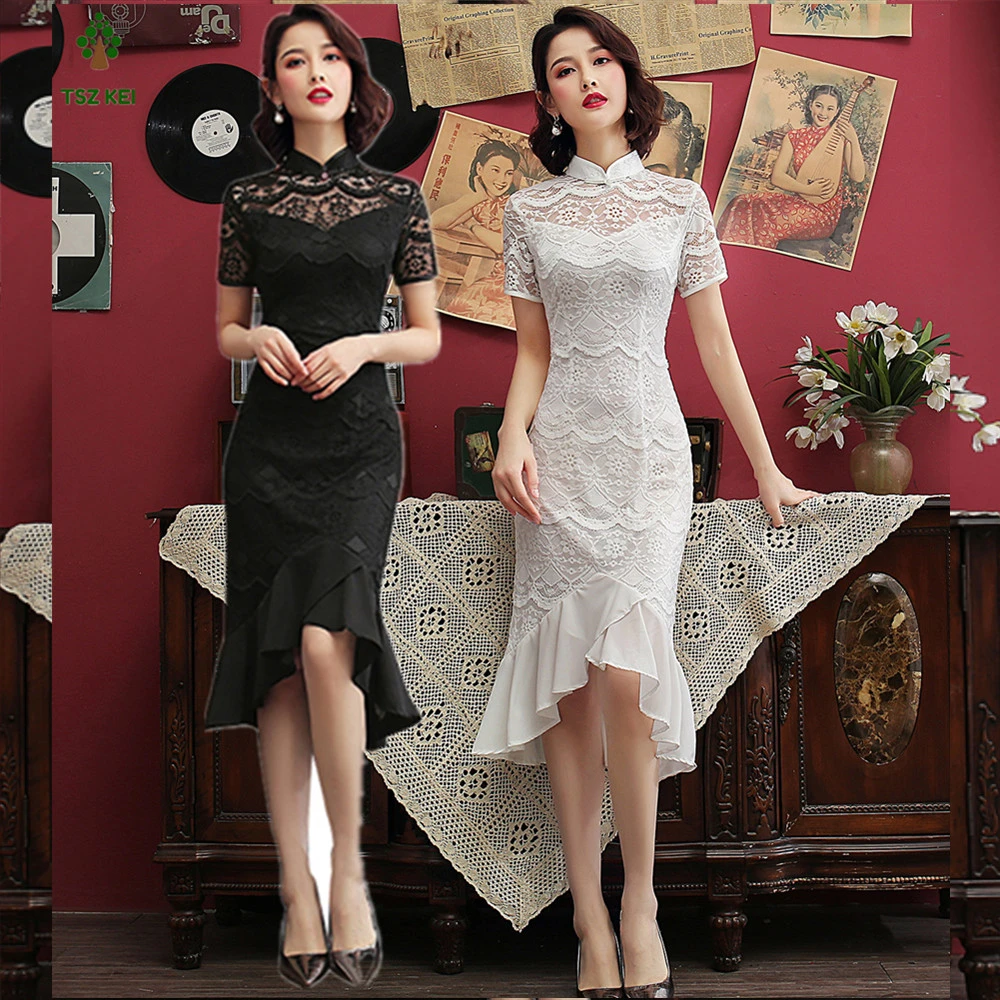 Women Chinese Vintage Chi Pao Dress Dinner Party Casual Sexy Lace Hollow Slim See Through Ruffle Fishtail Cheongsam Dress Dresses Aliexpress