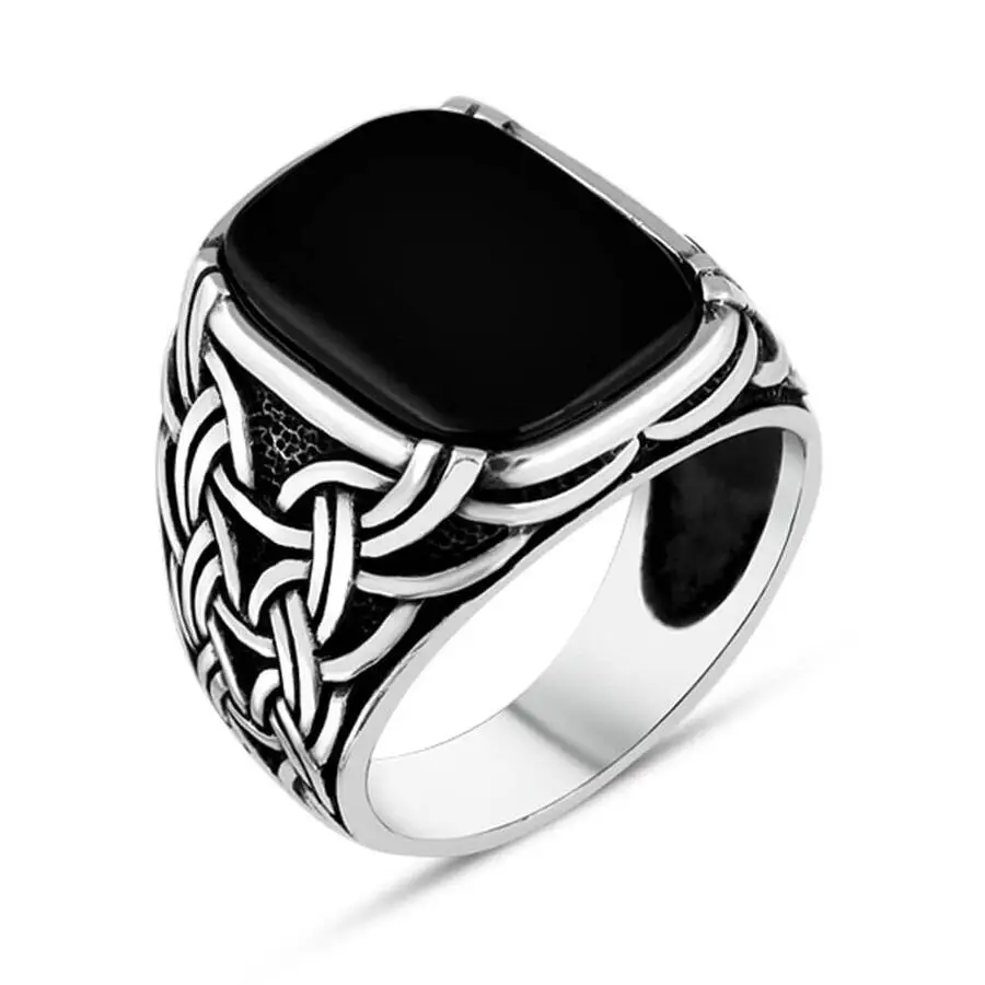 

Black Onyx Stone Silver Men's Ring with Chain Motif Fashion Turkish Premium Quality Handmade Jawelery