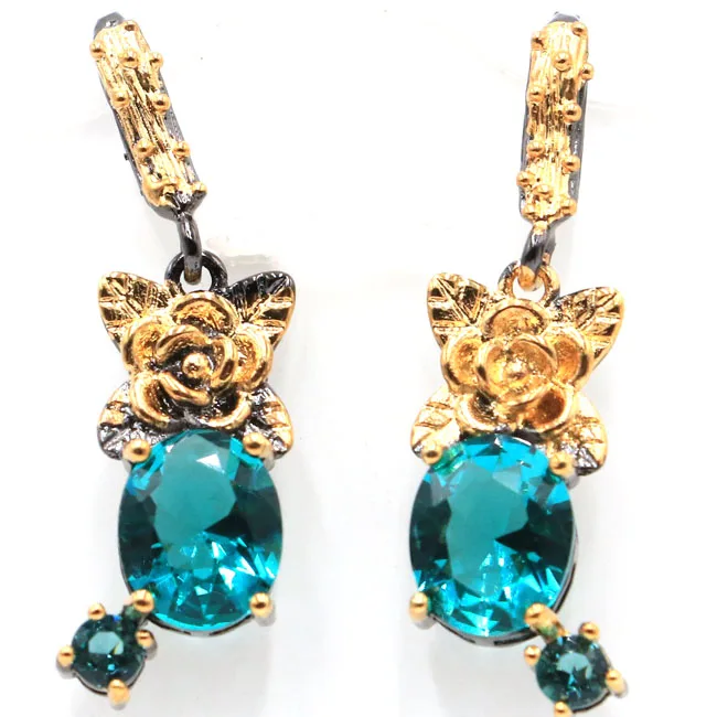 

40x11mm Sublime Antique Created Rich Blue Aquamarine Gift For Girls Black Gold Silver Earrings