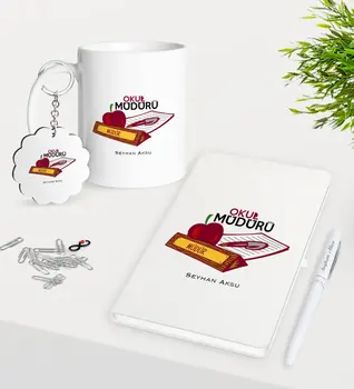 

Personalized School Director Trophy Keychain White Notebook Pen Gift Seti-1