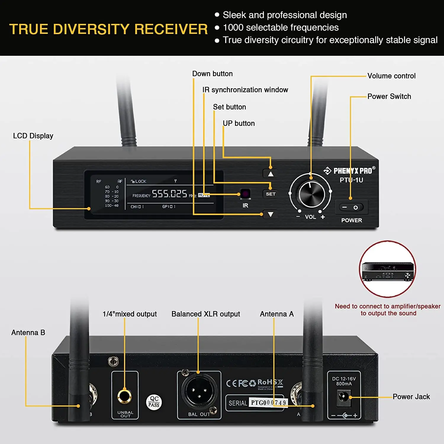 Phenyx Pro True Diversity Wireless Microphone System, Professional-Grade Cordless Mic Set w/Auto Scan & Lock Function(PTU-1U)