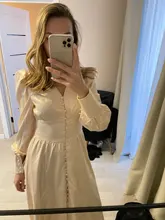 A-Line Dress V-Neck Spring Bishop-Sleeve Satin Simplee Chic Elegant Vintage High-Waist