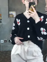 Estilo Preppy de punto con flores Cardigans suéter mujeres cuello en V suelto elegaht Thicked Pull Femme imprimir abrigo corto Casual