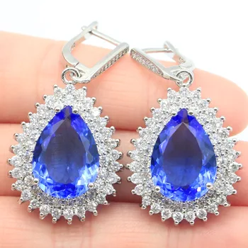 

44x23mm Luxury Big Drop Shape Gemstone Violet Tanzanite Bright Zircon Woman's Gift Silver Earrings
