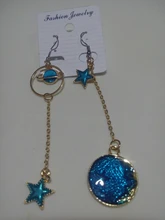 Pendientes asimétricos de círculo azul esmaltado para mujer, de estilo coreano, estrella, Luna, planeta, no perforados, regalo de fiesta