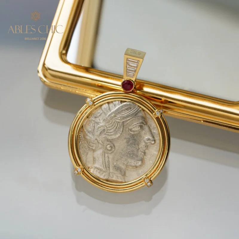 

Byzantine 18K Gold Authentic Ancient Lira Athena Coin Diamond 0.45ct Ruby 0.32ct Artifact Reversible Medallion Pendant Only
