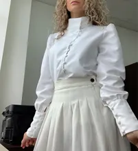 Turtleneck Blouse Puff-Sleeve White Shirt Ladies Top OOTN Office Elegant Casual Solid