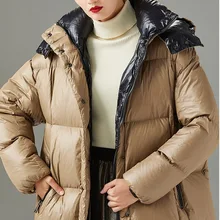 Obrix модная Свободная Женская куртка с капюшоном на утином пуху, Кашемировое однобортное пальто, парка с длинным рукавом для женщин