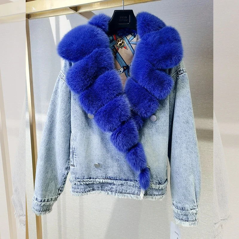 Denim Coat with Real Large Fox Fur Collar for Women, Furry Jacket, Fluffy Suit, Luxurious Brown and Yellow Coat, Winter Fashion