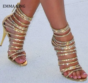 

Women Summer Bling Crystal Golden Sandals Thick High Heels Strappy Gladiator Sandals Stilettos Female Valentine Wedding Pumps