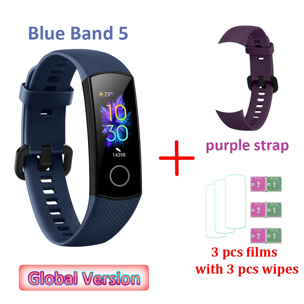 Global Versio huawei Honor Band 5 4, умный Браслет, умный браслет, шагомер, сенсорный экран, для плавания, сердечного ритма, сна, монитор - Цвет: PU strap and 3 films