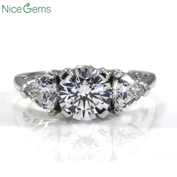 

NiceGems 14K White Gold Three Multi Stone Ring 3CTW D Color Moissanite Engagement Ring Side Stone Trillion CutAnniversary Ring