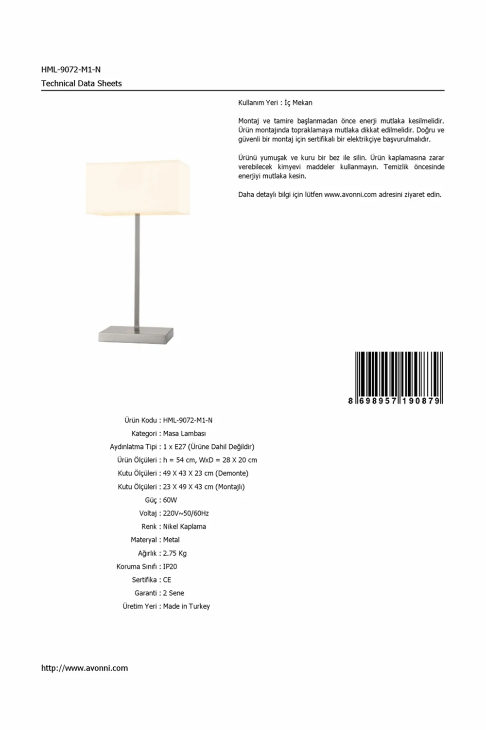 AVONNI HML-9072-M1-N Nickel Plated Table Lamp, E27, Metal, 28x20cm