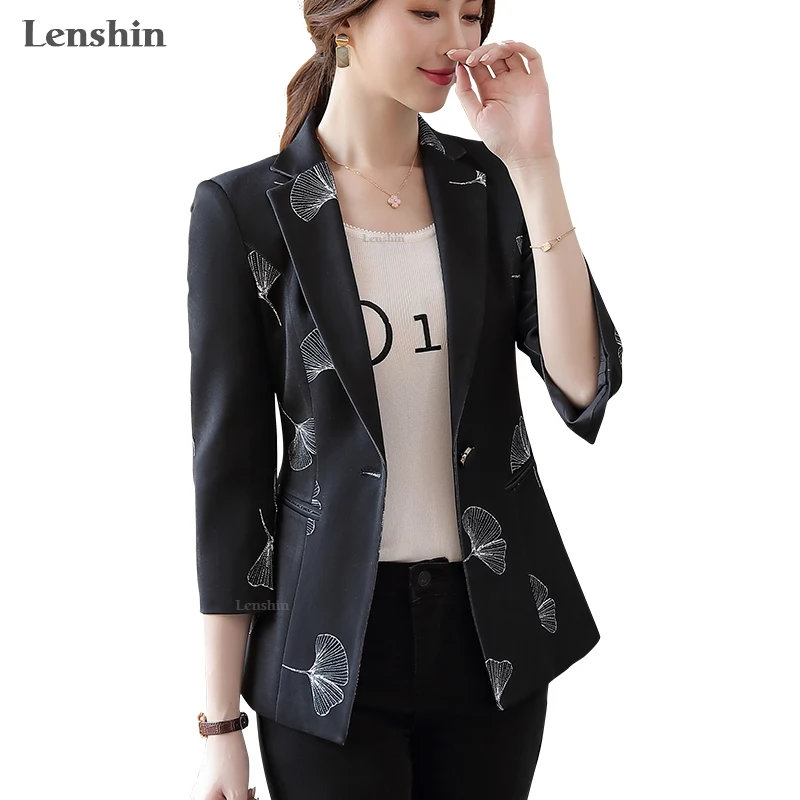 Lenshin, женская элегантная куртка с принтом, три кварта, блейзер, модная рабочая одежда, сохраняющая стройность, для офиса, леди, пальто, верхняя одежда, на одной пуговице