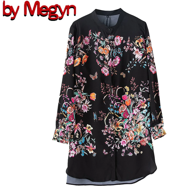 Black 1 Pattern От Megyn, блузка с цветочным принтом, осенняя Женская Повседневная рубашка с длинным рукавом и воротником-бантиком, высококачественные Шифоновые Топы для женщин, 3XL, X-Long - Цвет: Black 1 Pattern