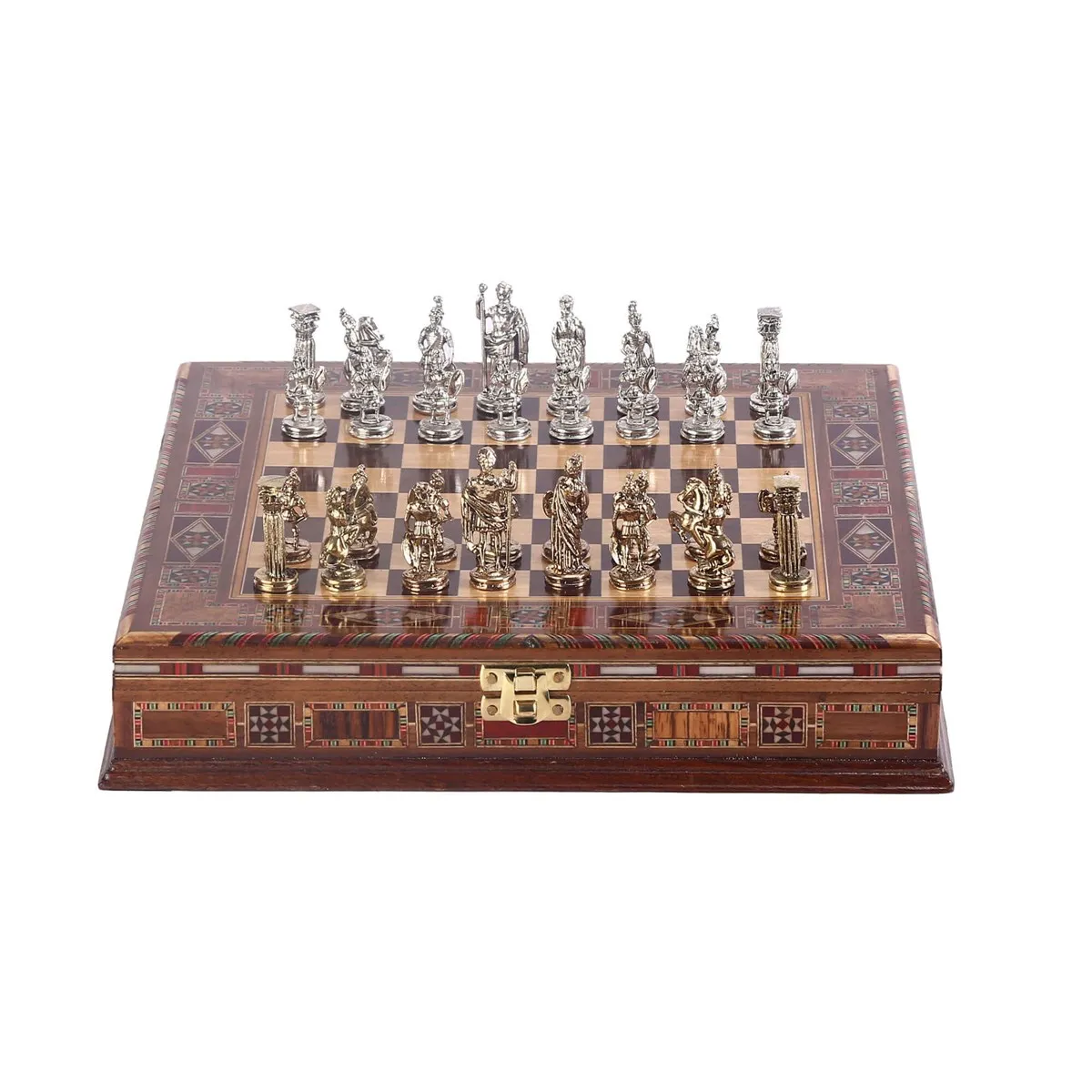 US $134.90 Historical Figures of Rome Metal Chess Set Handmade Pieces Natural Solid Wooden Chessboard storage Inside Small Size King 48cm