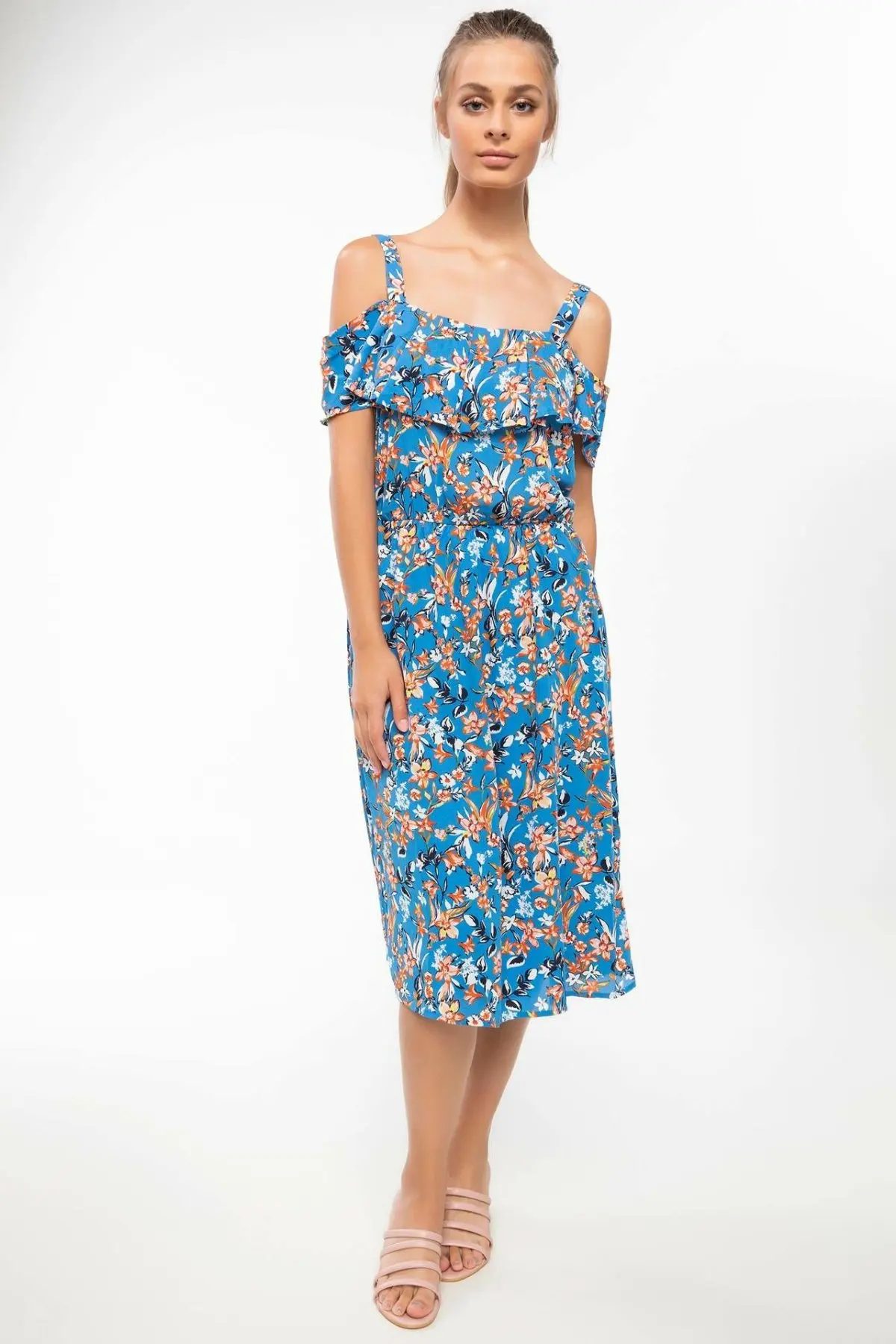 

DeFacto Women Off-shoulder Dress Blue Floral Female Long Dressed Sexy Backless Ruffles A-Line Woven Dress J3172AZ18SMNV167-J3172AZ18SM