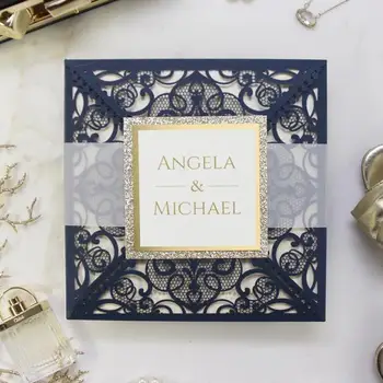 

50/100 CARDS PACK Laser Cut Square Wedding Invitation, Navy Blue and Gold Glitter Wedding Invitation, Lace Invitation, laser DIY