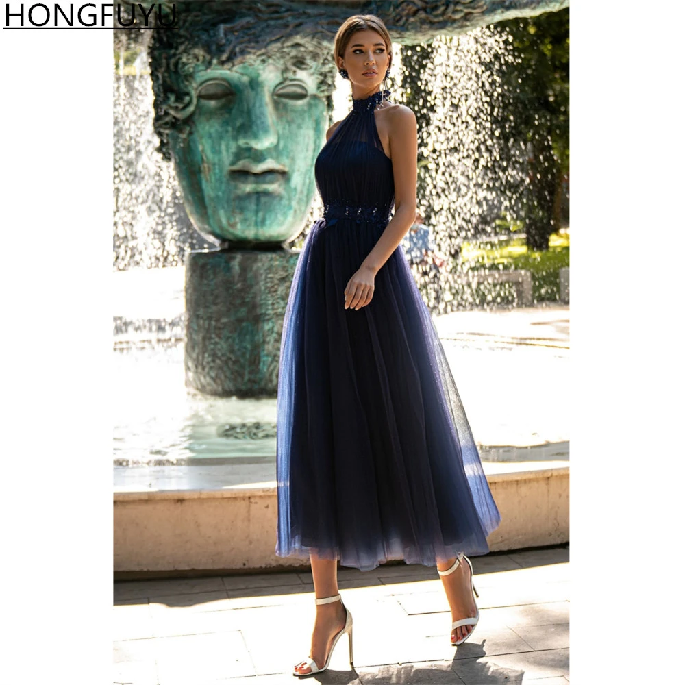 HONGFUYU Dark Blue A-line Tulle Prom Cocktail Dresses O Neck Sleeveless Midi Appliques Formal Evening Gowns Вечернее платье prom gowns