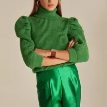 Трикотажный Джемпер Joinus с рукавами-фонариками и круглым вырезом для женщин зеленого цвета