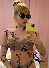 Verano de 2020 letra impresa Sexy transparente bodis de malla de manga larga ver a través de bebé Bodycon cortos mujeres monos