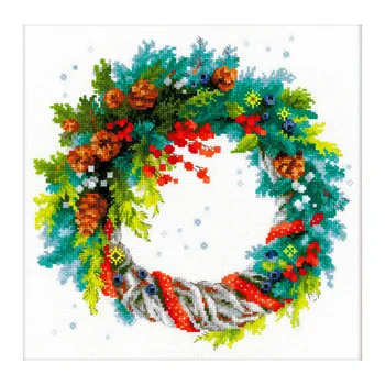 

1603 set of embroidery Riolis 'Pillow/pann' wreath with blue el' 30*30 cm