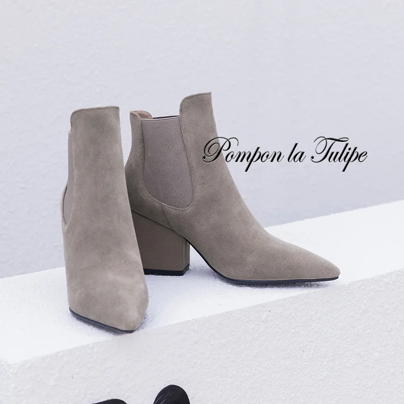 

BHS 9011187 Chic Genuine Cow Leather Elegant 7.5CM Chunky Heel Pointed Toe Elastic Band Women Mid Calf Fashion Chelsea Boots