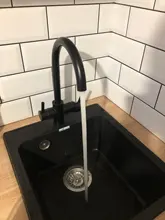 ROVOGO, grúa filtrada de doble mango negro mate para cocina, grifo con filtro de agua de rotación de 360, grifo mezclador de fregadero de cocina de tres vías