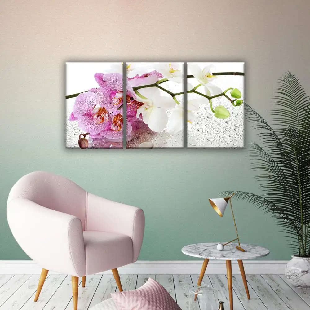 Orchid with drops flowers, branch orchid. Modular painting on canvas 3 module, triptych. The Picture in the bedroom, hall, living room, kitchen