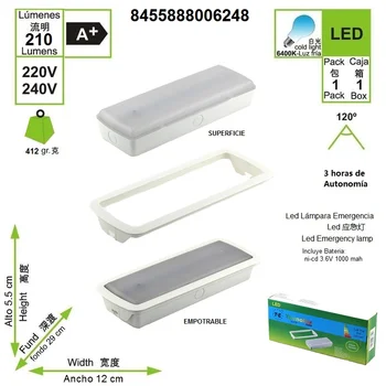 

LED LUZ DE EMERGENCIA AUTONOMIA 3 HORAS 3 W 6400 K INSTALACIÓN EMPOTRABLE O SUPERFICIE