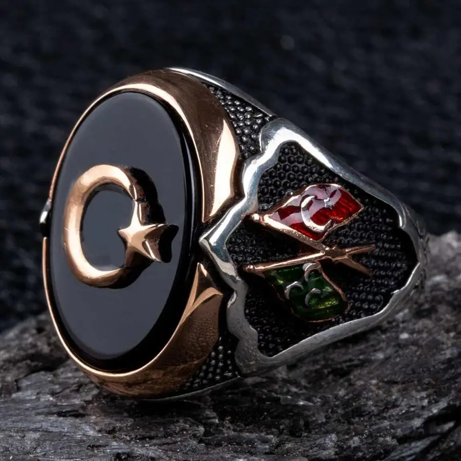 

Black Onyx Stone Silver Crescent and Star Ring with Flags Fashion Turkish Premium Quality Handmade Jawelery